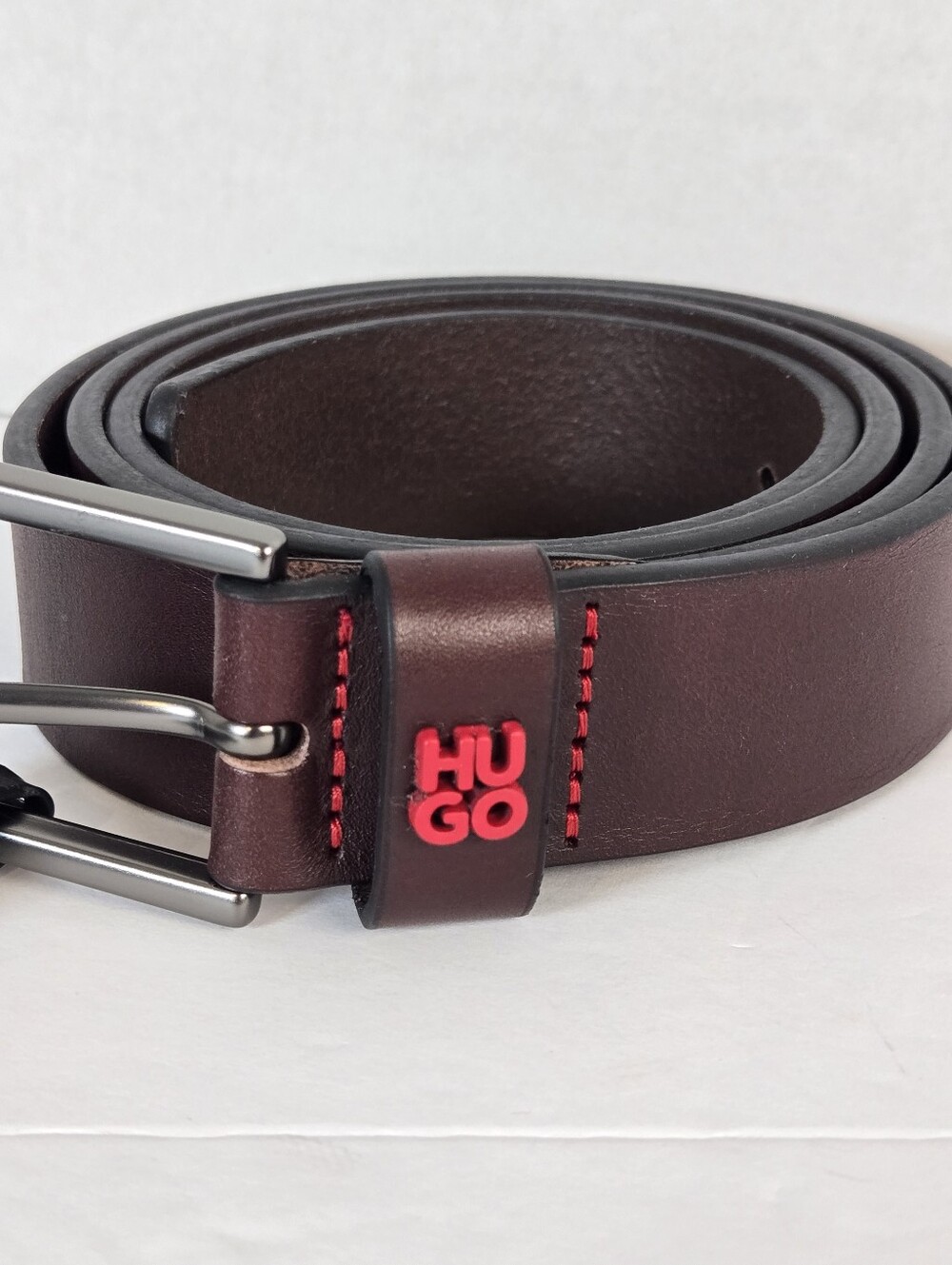 HUGO BOSS -Leather Men's Belt Premium with Red Logo and Stitching